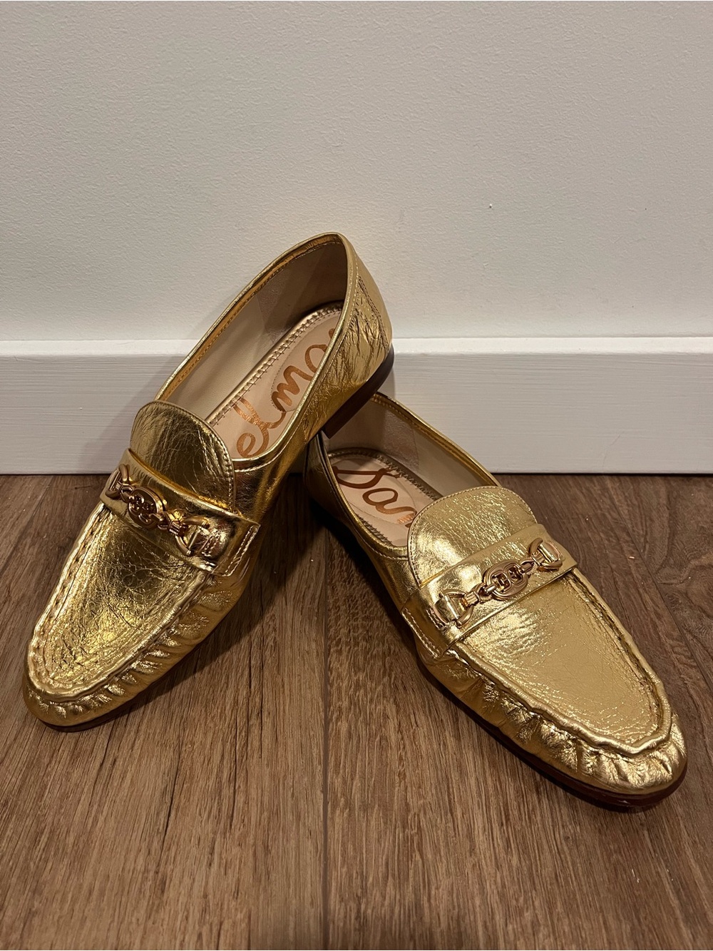Sam Edelman Women's Lucca Bit Loafers Metallic Crinkle Gold Leaf Size 8.5